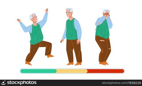Grandfather Mood Laugh, Smile And Unhappy Vector. Happy Elderly Man Celebrative Dancing, Thoughtful And Crying, Positive And Negative Mood. Emotional Character Flat Cartoon Illustration. Grandfather Mood Laugh, Smile And Unhappy Vector