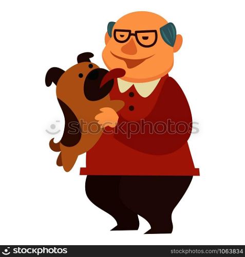 Grandfather playing with mop pet licking his face with tongue vector. Smiling senior person, playful domestic animal happy to spend time with owner. Canine mop and pensioner, friendship with human. Grandfather playing with mop pet licking his face with tongue