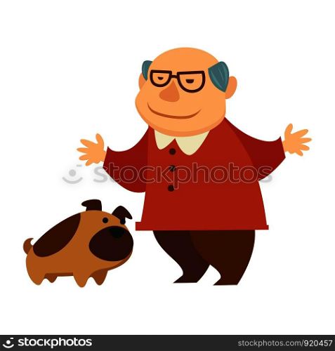 Grandfather playing with mop pet licking his face with tongue vector. Smiling senior person, playful domestic animal happy to spend time with owner. Canine mop and pensioner, friendship with human. Grandfather playing with mop pet licking his face with tongue vector.