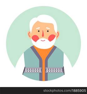 Grandfather portrait of senior male character, isolated circle with face of calm person. Gentleman with blush on cheeks. Grandpa with grey hair and wrinkles, elderly man, vector in flat style. Portrait of senior male character, grandfather with grey hair