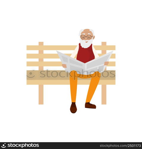 Grandfather reads a newspaper sitting on a park bench