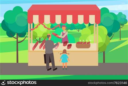 Grandfather with grandchild buying meat from butchery vector. Spring or summer fair in forest with trees and lawns. gastronomy production eating pork in park. Flat cartoon. Butchery in Spring Fair Man with Kid Buyers Market
