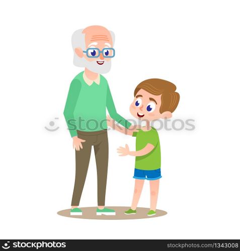Grandfather with Grandson Smiling Together. Adult Grand Parent Senior with Teen Boy. Human Generation Concept Illustration. Grandpa Holding Mature Grandchild Kid by Hand at Walk. Happy People.. Grandfather with Grandson Smiling. Flat Cartoon.