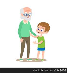 Grandfather with Grandson Smiling Together. Adult Grand Parent Senior with Teen Boy. Human Generation Concept Illustration. Grandpa Holding Mature Grandchild Kid by Hand at Walk. Happy People.. Grandfather with Grandson Smiling. Flat Cartoon.
