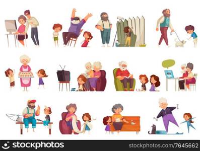 Grandma and grandpa set with pastime symbols flat isolated vector illustration