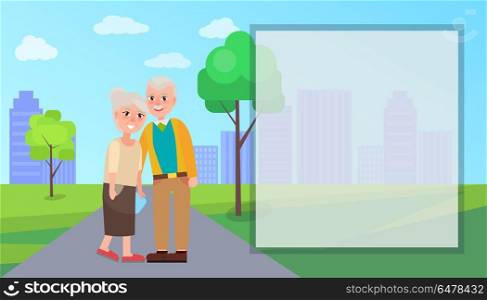 Grandma and Grandpa Vector in City Park. Grandma and grandpa vector illustration in city park with place for text. National Grandparents Day poster with senior couple, retired characters