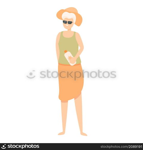 Grandma at sunny beach icon cartoon vector. Travel senior. Happy woman. Grandma at sunny beach icon cartoon vector. Travel senior