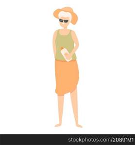 Grandma at sunny beach icon cartoon vector. Travel senior. Happy woman. Grandma at sunny beach icon cartoon vector. Travel senior