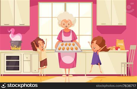 Grandma cooking food background with happy grandchildren flat vector illustration