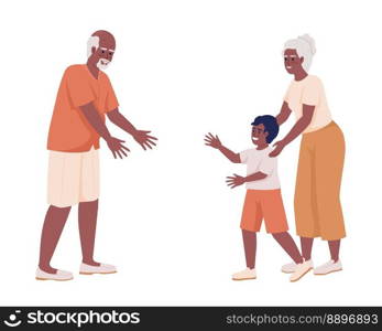 Grandma introducing grandchild to grandfather semi flat color vector characters. Editable figures. Full body people on white. Simple cartoon style illustration for web graphic design and animation. Grandma introducing grandchild to grandfather semi flat color vector characters