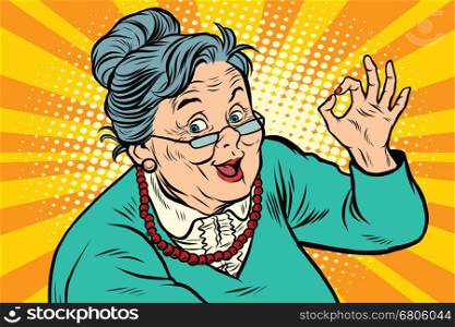 Grandma okay gesture, the elderly. Pop art retro vector illustration
