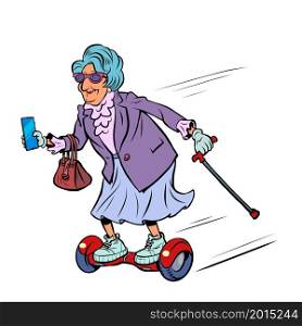 grandma rides a gyro scooter, active recreation of the elderly. Street sports. Comic cartoon hand drawing retro illustration. grandma rides a gyro scooter, active recreation of the elderly. Street sports