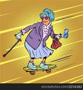 grandma rides a skateboard, active recreation of the elderly. Street sports. Comic cartoon hand drawing retro illustration. grandma rides a skateboard, active recreation of the elderly. Street sports