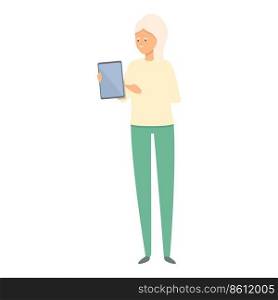 Grandma show tablet icon cartoon vector. Old people. Senior computer. Grandma show tablet icon cartoon vector. Old people
