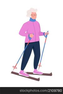 Grandma skiing semi flat color vector character. Elderly figure. Full body person on white. Winter activity isolated modern cartoon style illustration for graphic design and animation. Grandma skiing semi flat color vector character