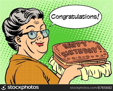 Grandma wishes a happy birthday cake. Retro style pop art. Grandma wishes a happy birthday cake