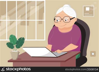 Grandma with laptop vector. Cute cartoon senior woman is surfing in Internet. Home office and video conference for old people.. Grandma with laptop vector. Cute cartoon senior woman is surfing in Internet. Home office and video conference