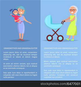 Grandmother and Granddaughter Posters with Ladies. Grandmother and granddaughter posters with senior lady with trolley pram taking care about newborn child and walking with child vector set