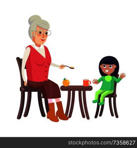 Grandmother and granddaughter trying to feed little girl, family sitting by table enjoying time together, orange cup, ripe apple vector illustration. Grandmother and Granddaughter Vector Illustration