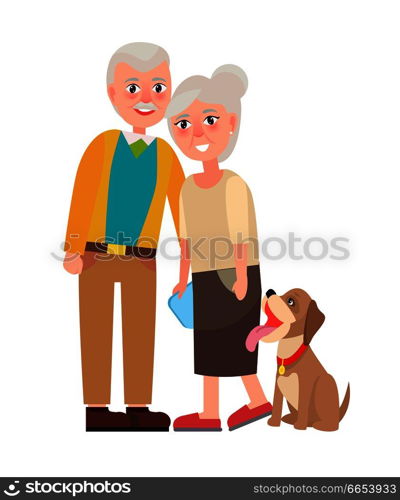 Grandmother and grandfather with pet isolated on white background. National Grandparents Day poster with adorable dog vector illustration. Grandmother and Grandfather with Pet Isolated