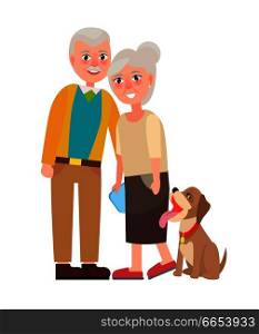 Grandmother and grandfather with pet isolated on white background. National Grandparents Day poster with adorable dog vector illustration. Grandmother and Grandfather with Pet Isolated