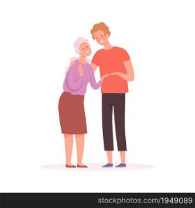 Grandmother and grandson. Elderly character, old woman and boy, social worker or relative vector illustration. Grandmother and child, happiness relationship. Grandmother and grandson. Elderly character, old woman and boy, social worker or relative vector illustration