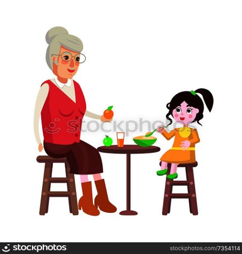 Grandmother dining time with granddaughter wearing yellow dress, family by table full of food beverage and apple, isolated on vector illustration. Grandmother and Dining Time Vector Illustration