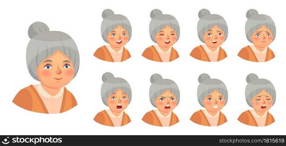 Grandmother emotions set. Vector woman lady expression, senior elder doubt face, surprise and annoying face illustration. Grandmother emotions set. Vector woman lady expression