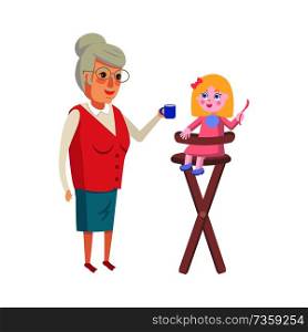 Grandmother feeding granddaughter in high-chair vector of granny and little infant girl with spoon isolated on white background, grandma and child. Grandmother Feeding Granddaughter in High-Chair