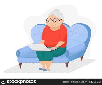 Grandmother is sitting on sofa with laptop. Cute cartoon senior woman is surfing in Internet. Home office and video conference for old people.. Grandmother is sitting on sofa with laptop. Cute cartoon senior woman is surfing in Internet.