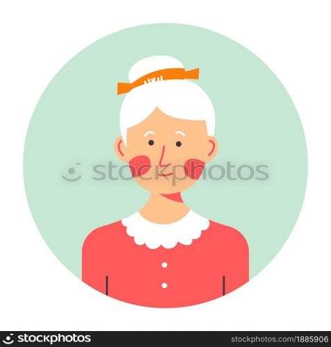 Grandmother portrait in circle, isolated female character of old age. Senior lady with grey hair and hairstyle, face with wrinkles. Granny wearing simple clothes, avatar of personage, vector. Portrait of senior female character, pensive lady with grey hair
