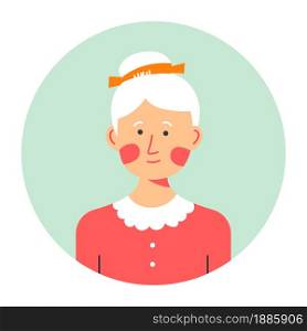 Grandmother portrait in circle, isolated female character of old age. Senior lady with grey hair and hairstyle, face with wrinkles. Granny wearing simple clothes, avatar of personage, vector. Portrait of senior female character, pensive lady with grey hair