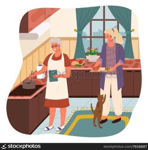 Grandmother stand by stove and boil soup. Woman help mother with cooking and bring ingredients for meal. Cozy kitchen interior with kitchenware and tabletops. Vector illustration of cook process. Woman Help Grandmother Cook Soup, Kitchen Interior