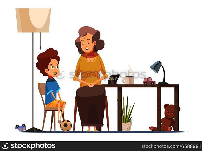 Grandmother talking to little grandson at dining room table senior woman character retro cartoon poster vector illustration . Grandmother With Child Retro Cartoon 