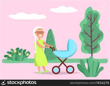 Grandmother walking with newborn in stroller baby carriage in park. Granny leisure with baby in pram standing near trees outdoor in pink color. Happy elderly female with infant leisure vector. Granny Walking with Infant in baby Carriage Vector