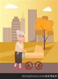Grandmother Walking with Newborn Toddler in Pram. Grandmother walking with newborn toddler in pram in urban city vector at sunset. Two generations grandma and infant on background of skyscrapers