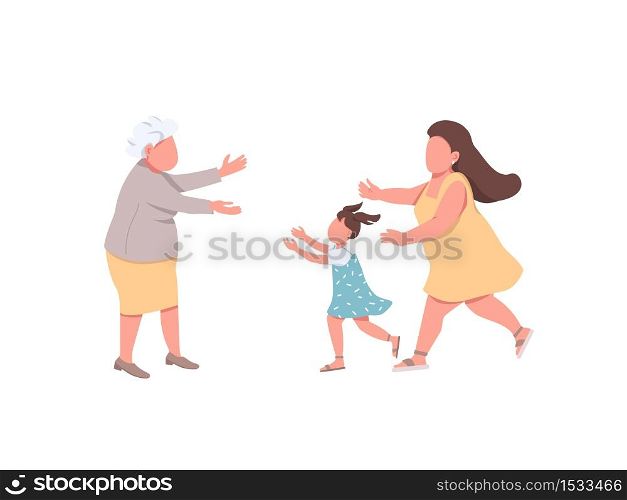 Grandmother welcome relatives flat color vector faceless characters. Mother with daughter visit granny. Happy family reunion isolated cartoon illustration for web graphic design and animation. Grandmother welcome relatives flat color vector faceless characters