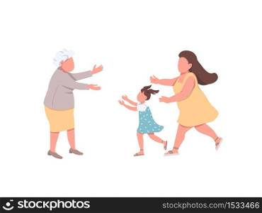Grandmother welcome relatives flat color vector faceless characters. Mother with daughter visit granny. Happy family reunion isolated cartoon illustration for web graphic design and animation. Grandmother welcome relatives flat color vector faceless characters
