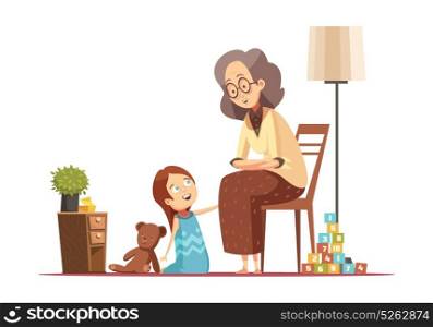 Grandmother With Child Retro Cartoon . Grandmother home talking to little granddaughter with teddybear senior woman character retro cartoon poster vector illustration