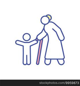 Grandmother with child RGB color icon. Grandparent walking with grandchild. Spend time and bond with family. Happy grandson with granny. Generation gap. Isolated vector illustration. Grandmother with child RGB color icon