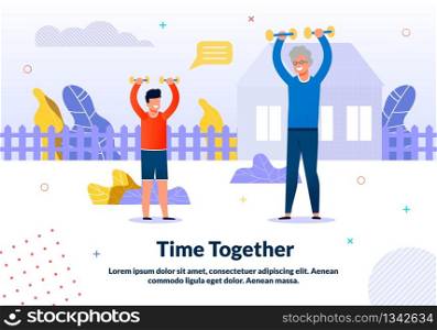 Grandpa and Grandchild Exercising with Dumbbells in Yard Poster. Grandparents Engrain Boy Love to Active Healthy Lifestyle. Sport Family. Time Together Happily. Vector Cartoon Illustration. Grandpa and Grandchild Exercising in Yard Poster