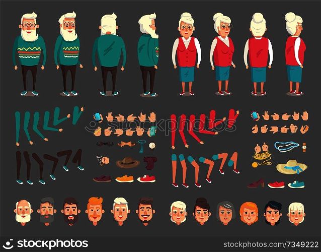 Grandpa and grandma abstract character constructor vector illustration with human body parts, different faces legs hands, various apparel collection. Grandpa and Grandma Abstract Character Constructor