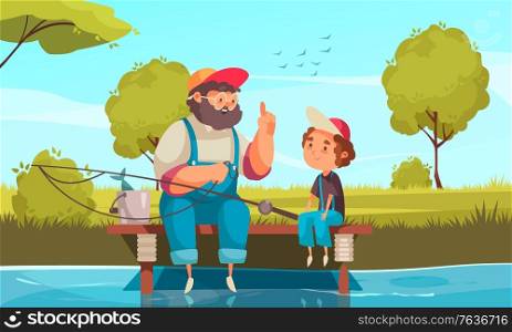 Grandpa and grandson fishing background with pastime symbols flat vector illustration