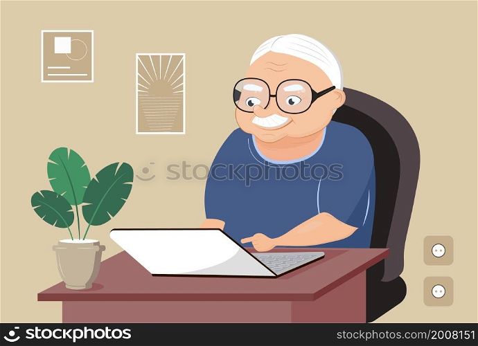 Grandpa with laptop vector. Cute cartoon senior man is surfing in Internet. Home office and video conference for old people.. Grandpa with laptop vector. Cute cartoon senior man is surfing in Internet. Home office and video conference