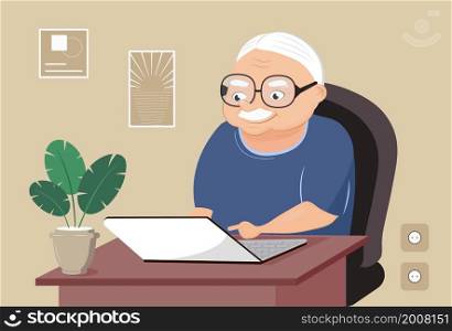 Grandpa with laptop vector. Cute cartoon senior man is surfing in Internet. Home office and video conference for old people.. Grandpa with laptop vector. Cute cartoon senior man is surfing in Internet. Home office and video conference