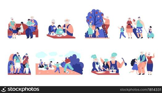 Grandparents and grandchildren. Old people, elderly characters with relatives. Family visit, cartoon grandmother kids vector scene. Grandfather and grandparent, illustration with grandchildren spend. Grandparents and grandchildren. Old people, elderly characters with relatives. Family visit, cartoon grandmother decent kids vector scenes