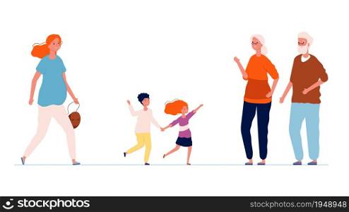 Grandparents and grandchildren. Old people meeting boy and girl and their mom. Pregnant woman with kids and her parents. Maternity or parenthood vector illustration. Grandmother grandfather and kids. Grandparents and grandchildren. Old people meeting boy and girl and their mom. Pregnant woman with kids and her parents. Maternity or parenthood vector illustration