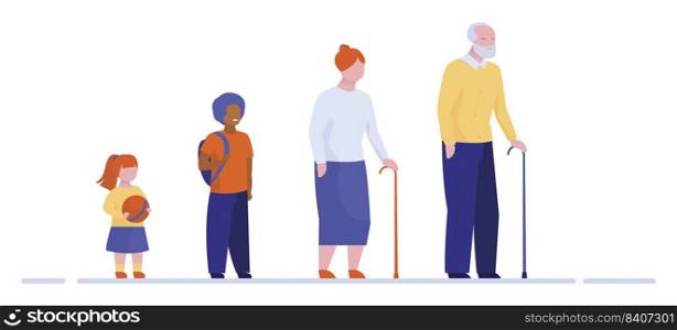 Grandparents and grandchildren standing in row. Aged people and little kids standing flat vector illustration. Life cycle, aging, generations concept for banner, website design or landing web page 