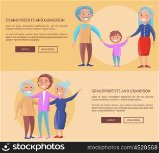 Grandparents and Grandson Little and Grown up Set. Grandparents and grandson little and grown up set of web posters. Senior couple walking with grandchild boy holding hands vector illustrations