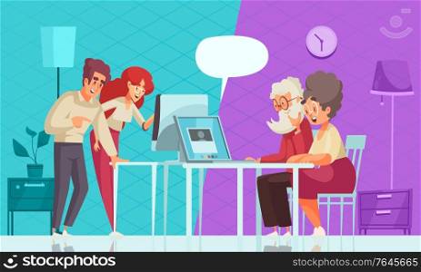 Grandparents and modern technology background with laptop using flat vector illustration